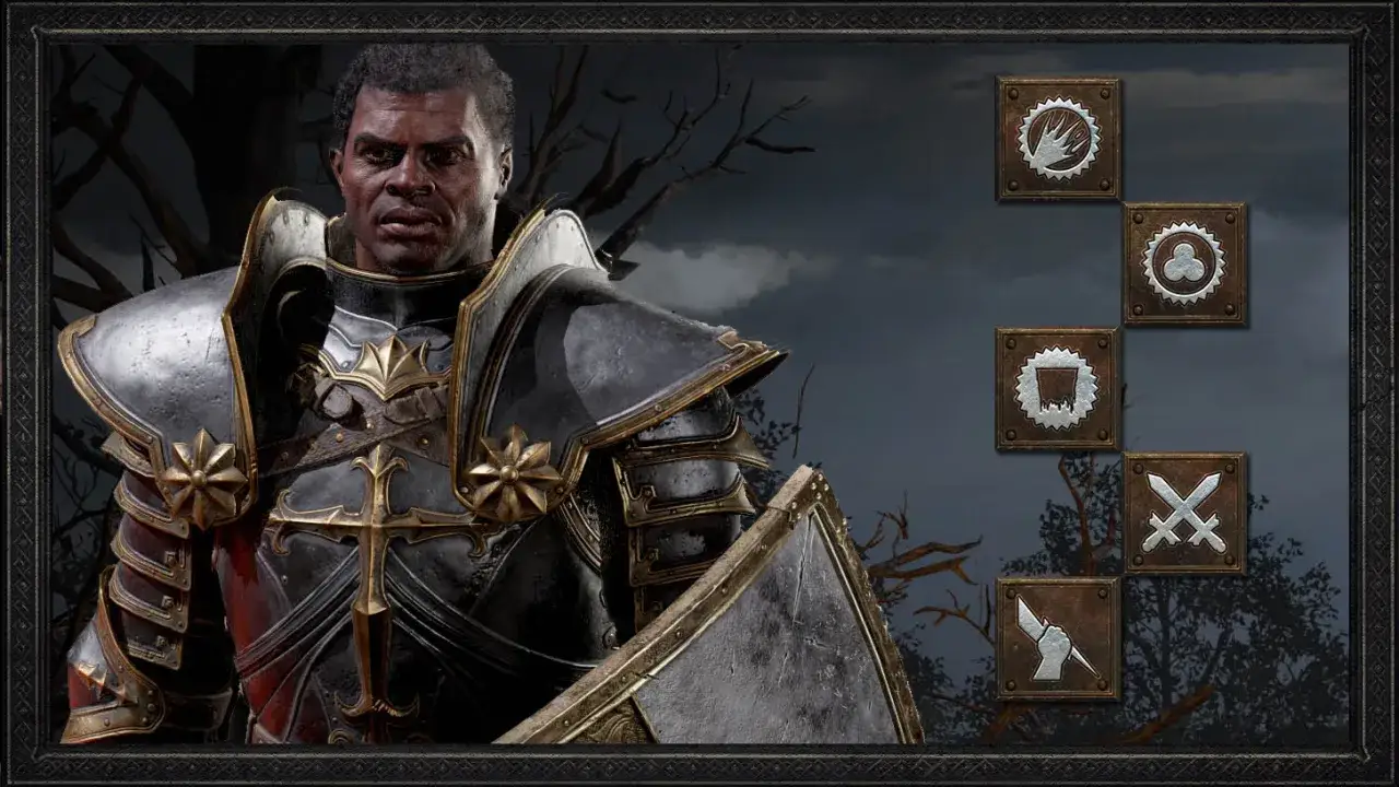 Paladyn z Diablo 2 w zbroi. Ikony sugerują rozwój postaci: umiejętności, obrona, atak. Jak rozwijać paladyna w Diablo 2?