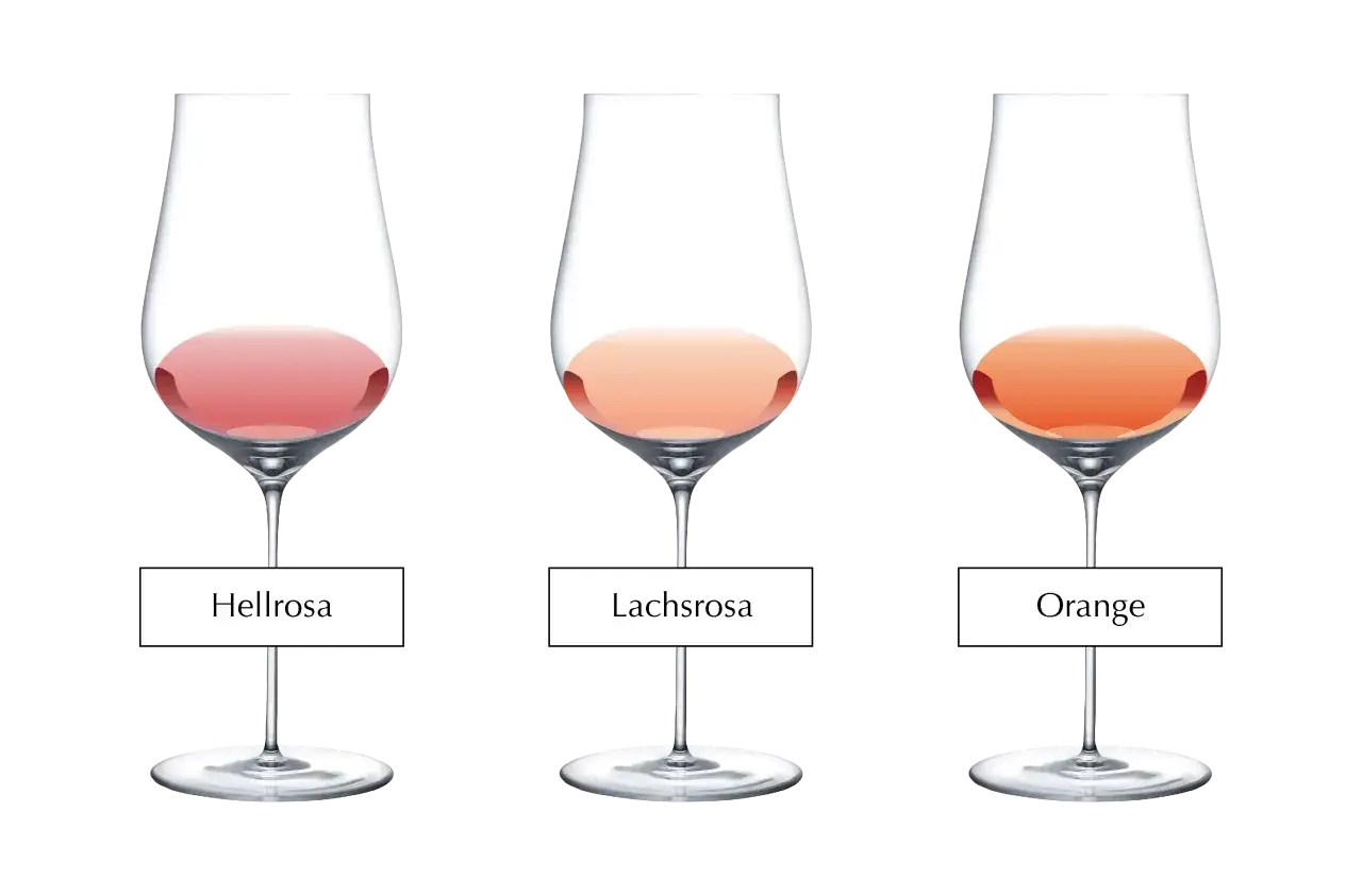 Drei Weingl&auml;ser zeigen unterschiedliche Wein-Farben: Hellrosa, Lachsrosa und Orange.