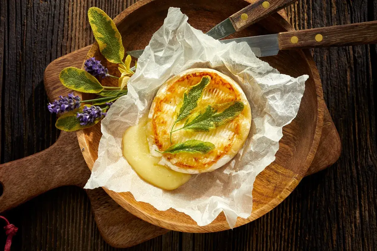 Camembert au barbecue fondant, garni de sauge et servi avec des herbes de Provence. Un d&eacute;lice &agrave; partager.