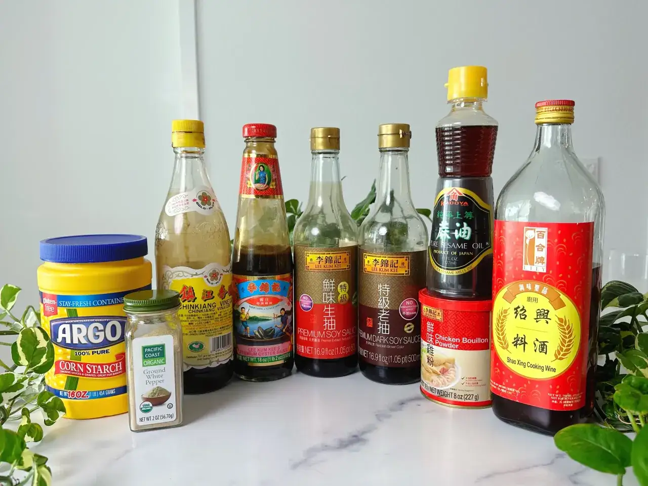 Asiatiska matlagningsprodukter: sojasås, vinäger, sesamolja, majsstärkelse, peppar och kycklingbuljong. Perfekt för att hitta tamarisoja alternativ.