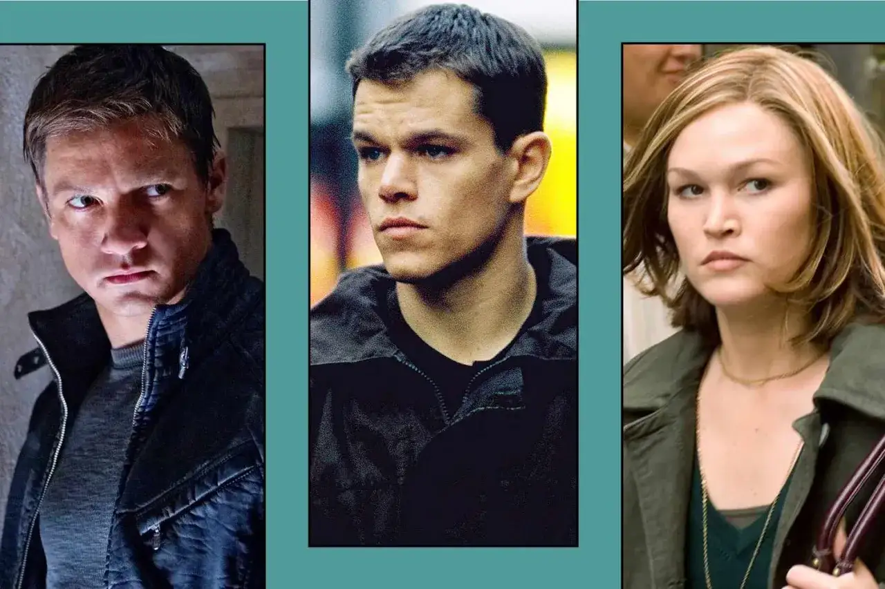 Jeremy Renner, Matt Damon som Jason Bourne, och Julia Stiles i en collagebild.