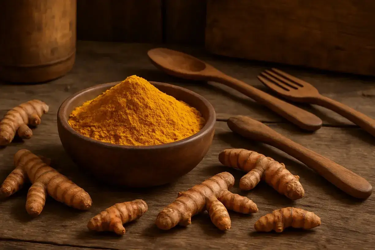 Curcuma fra&icirc;che et en poudre dans un bol, avec des ustensiles en bois. D&eacute;couvrez comment utiliser le curcuma en poudre pour vos recettes.