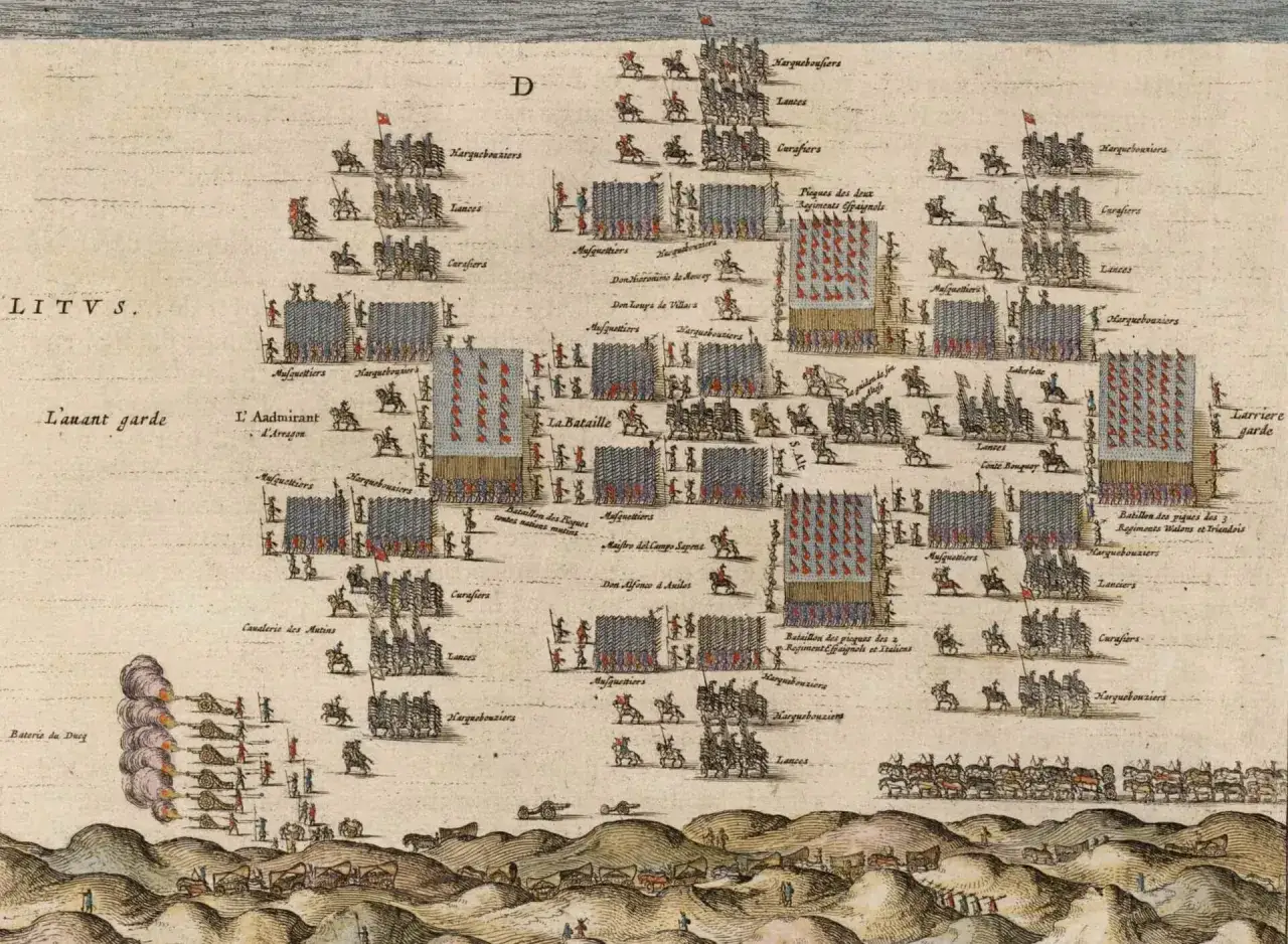 Detalle de una batalla con formaciones de infantería y caballería, incluyendo los tercios españoles, en un grabado antiguo.