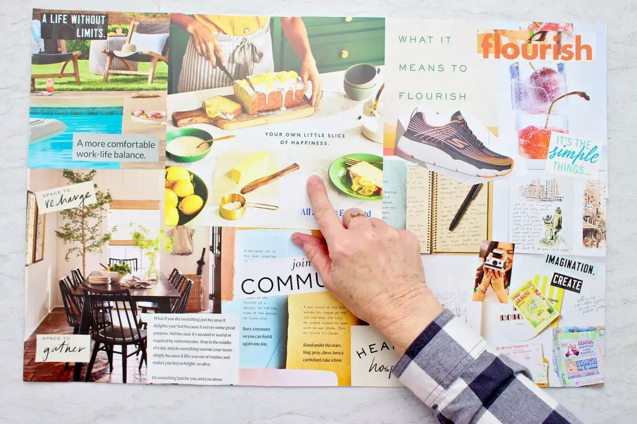 Un vision board con im&aacute;genes inspiradoras: un pastel, zapatillas, naturaleza y frases motivadoras como 