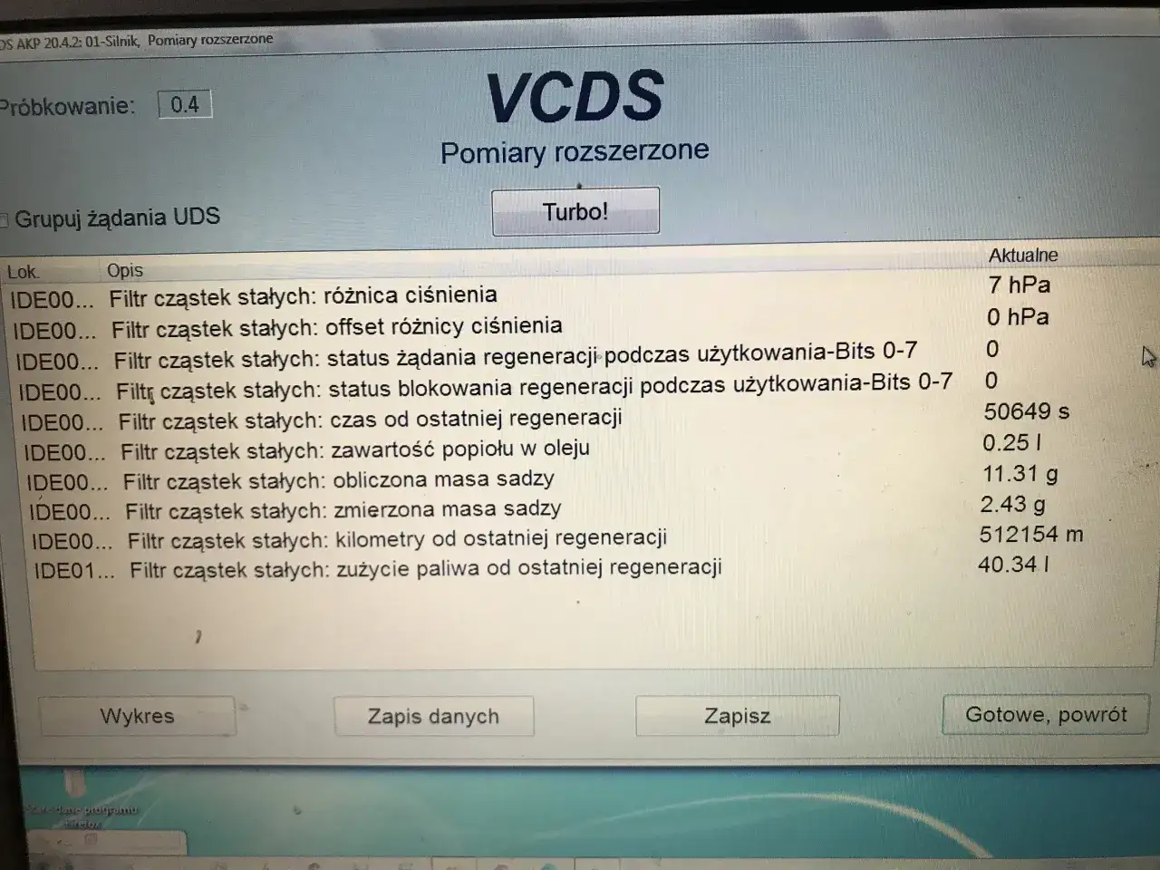 Wykresy parametrów DPF w VCDS