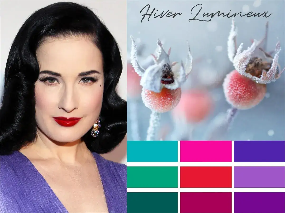 Inspiration maquillage hiver : femme au glamour r&eacute;tro, l&egrave;vres rouges audacieuses, et palette de couleurs vives &eacute;voquant la nature givr&eacute;e.