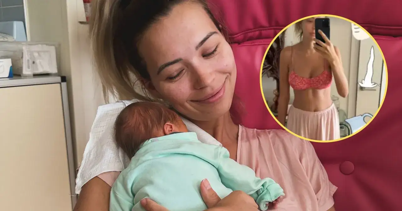 Sandra Kubicka urodziła! Szczęśliwa mama tuli swoje nowo narodzone dziecko. W tle widać zdjęcie z ciążowym brzuchem.