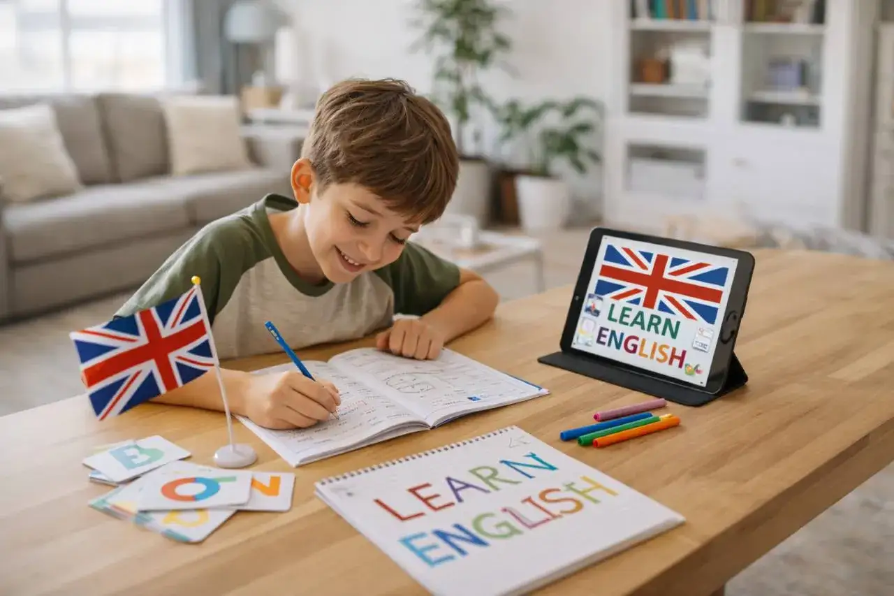 Ni&ntilde;o sonriente aprende ingl&eacute;s con ejercicios y trabalenguas largos en su tablet, rodeado de la bandera brit&aacute;nica y materiales educativos.