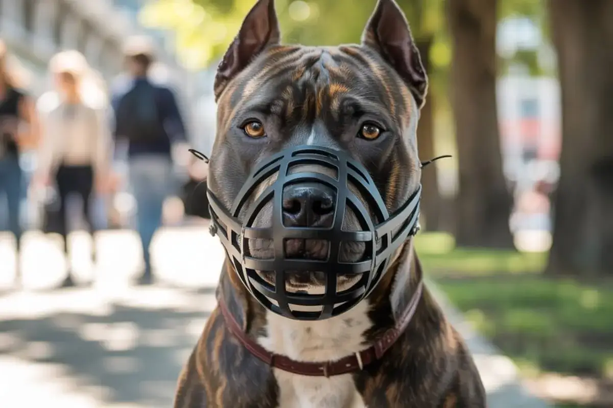 Un chien muselé, souvent considéré dans le top 10 chien dangereux, promène dans la rue.