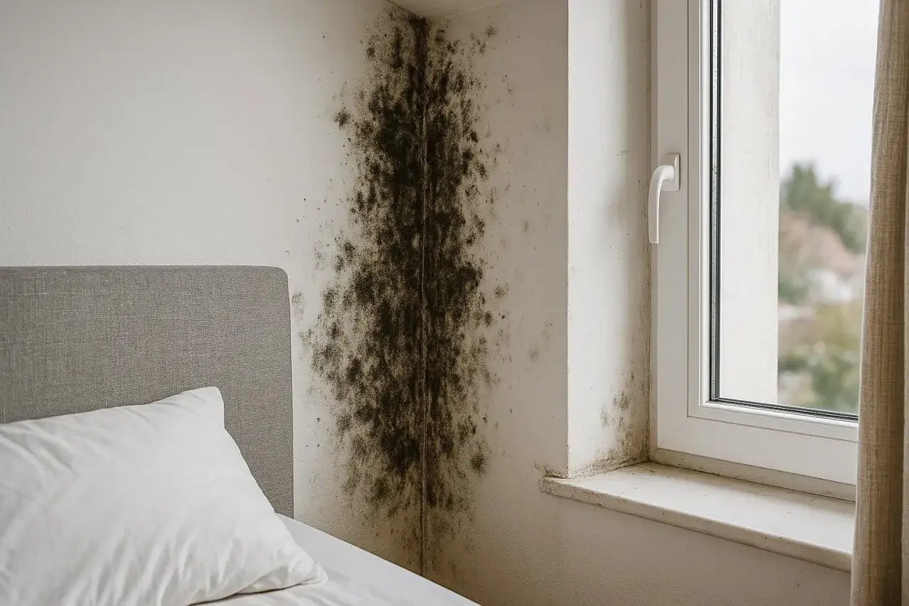 Gros amas de moisissure noire sur le mur d'une chambre, près d'un lit et d'une fenêtre. Il faut enlever moisissure mur chambre.