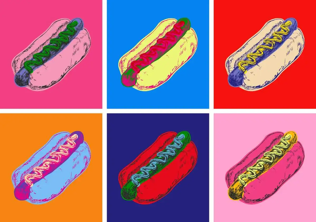 Pop art definicja: sześć hot-dogów w jaskrawych kolorach, każdy na innym tle.