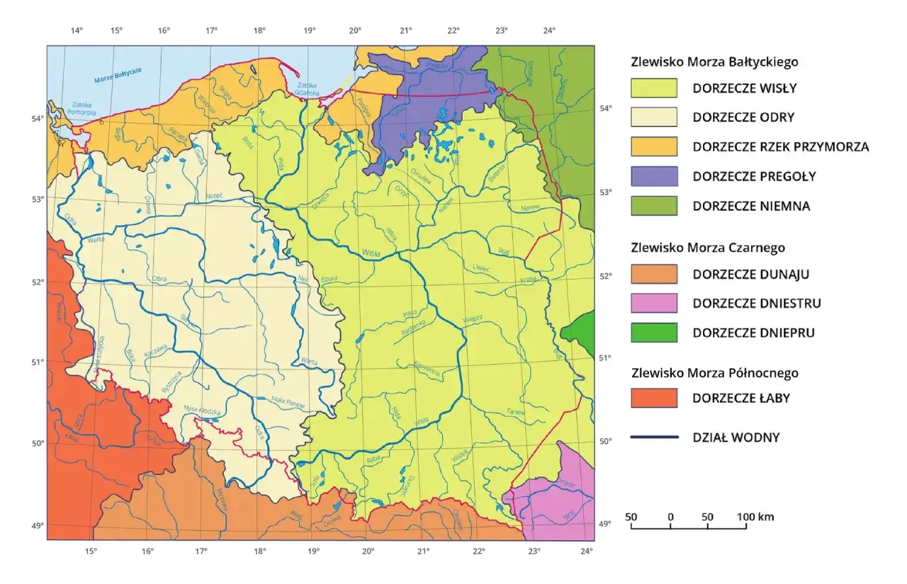 Mapa przedstawia dorzecza Polski, w tym dorzecza Wisły, Odry i rzek przymorza. Widoczne są również dorzecza Niemna, Pregoły, Dunaju, Dniestru i Dniepru.