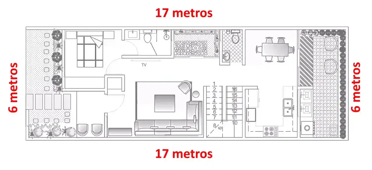 Plano de un chalet adosado de 17x6 metros, con salón, cocina, dormitorio, baño y terraza.