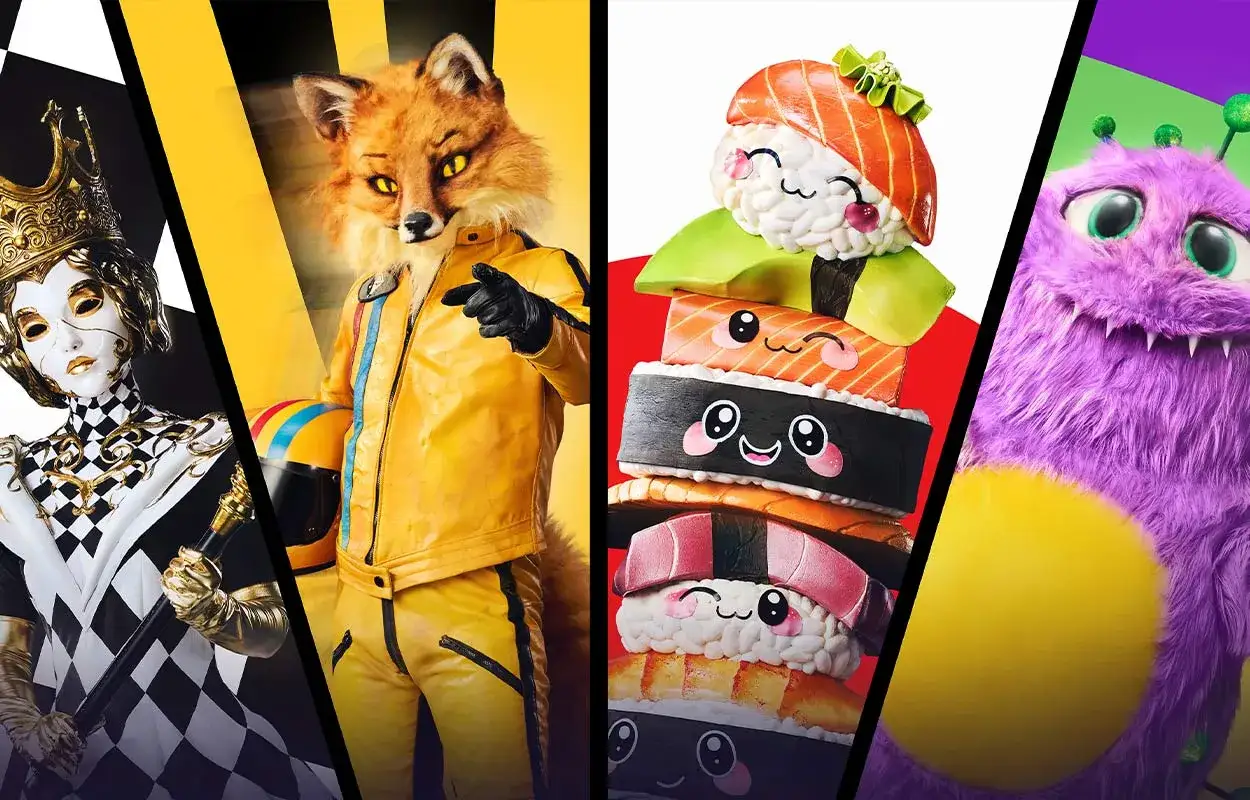 Masked Singer Sverige: en kunglig figur, en räv i gul dräkt, sushitårta och ett lila monster. Vem döljer sig bakom maskerna?