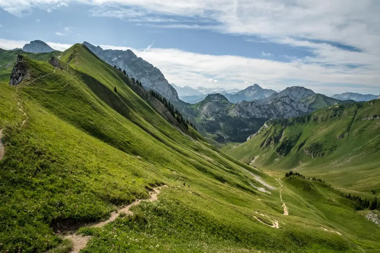 Sentier sinueux sur une pente verdoyante, offrant une vue panoramique sur les montagnes pour une grande traversée des Alpes.