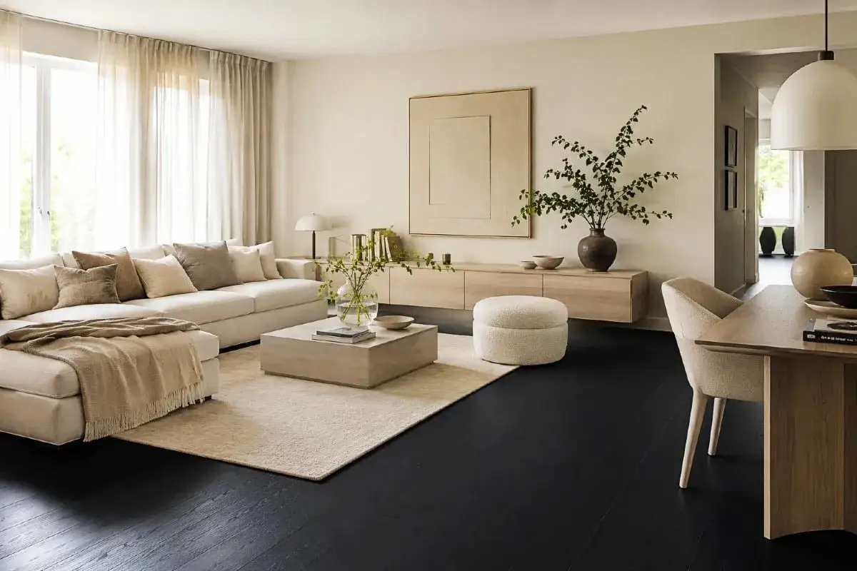 Ett vardagsrum i lugna, **kall beige** toner med en stor soffa, ett l&aring;gt soffbord och en matplats. M&ouml;rkt tr&auml;golv ger kontrast.