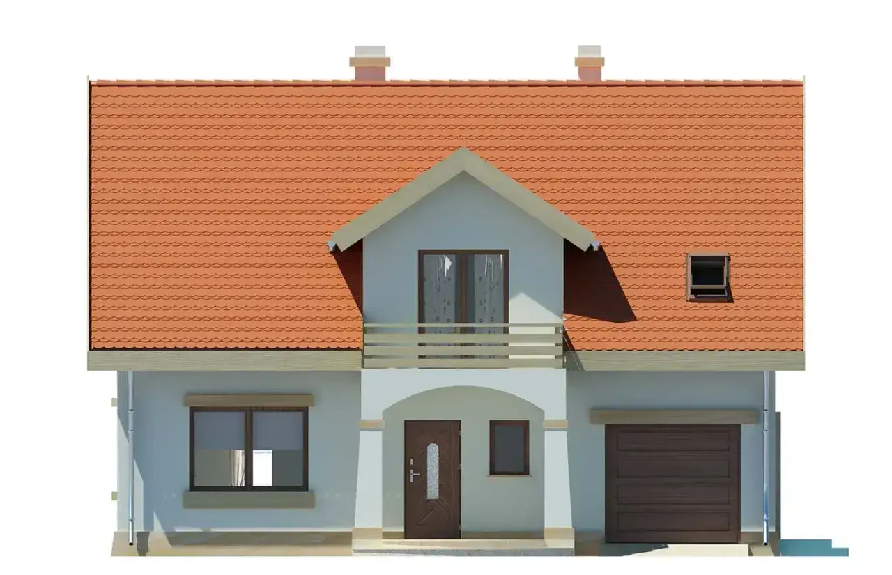Dom z pomarańczowym dachem i lukarną. Na parterze drzwi, okno i garaż. Na piętrze balkon.