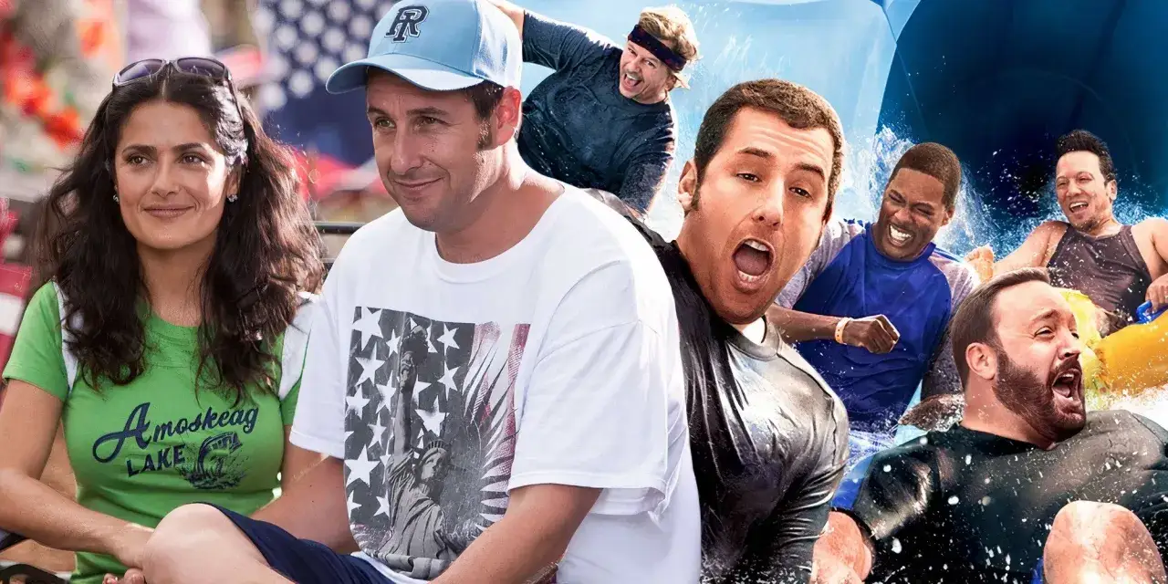 Salma Hayek i Adam Sandler z przyjaci&oacute;łmi przeżywają wodne szaleństwo. Wszyscy wyglądają jak duże dzieci 3, ciesząc się zjeżdżalnią wodną.
