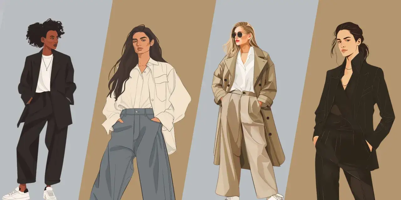 Cztery kobiety w stylizacjach inspirowanych modą unisex: garnitur, luźne spodnie i koszula, płaszcz i spodnie.