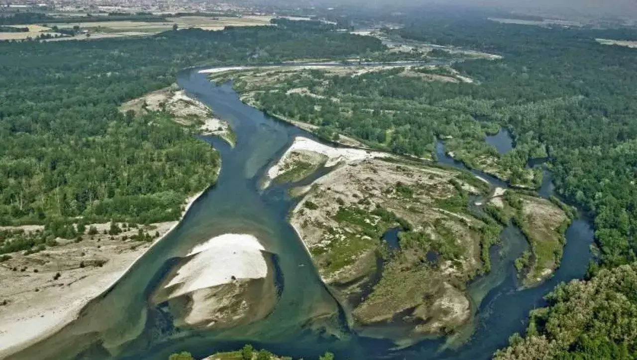 Il fiume Ticino si snoda tra boschi lussureggianti e isole sabbiose, un paesaggio naturale mozzafiato.