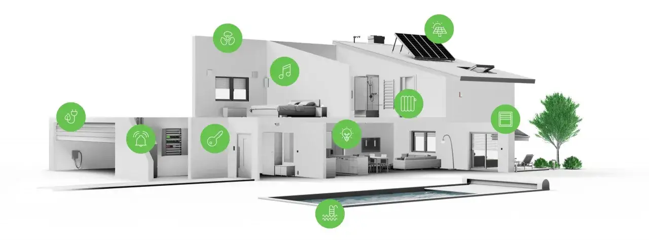 Casa moderna con piscina y jardín, mostrando la **instalación domótica** con iconos de control de clima, música, seguridad, iluminación y energía solar.