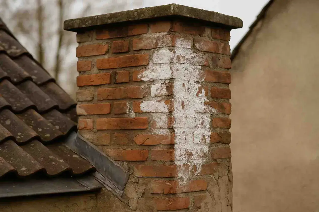 Ziegel-Schornstein mit wei&szlig;er Ausbl&uuml;hung, deutliche Anzeichen von Schornsteinversottung durch Regen.