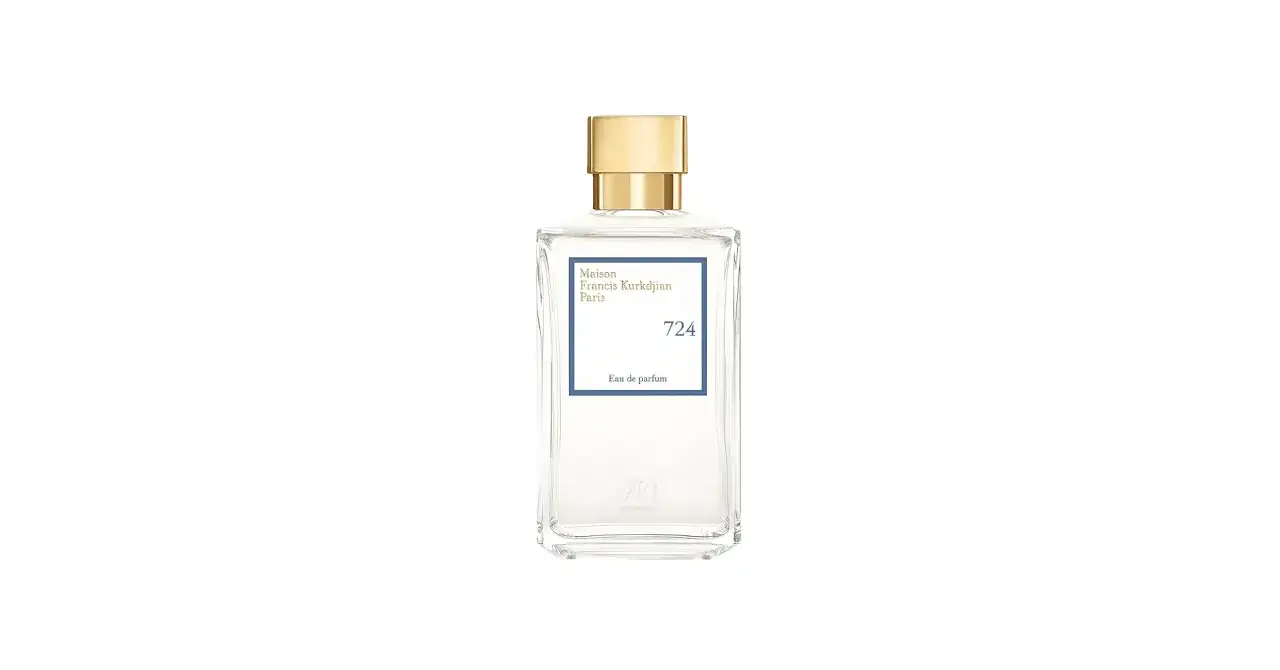 Elegancka butelka perfum 724 Maison Francis Kurkdjian z złotą nakrętką i białym etykietą.