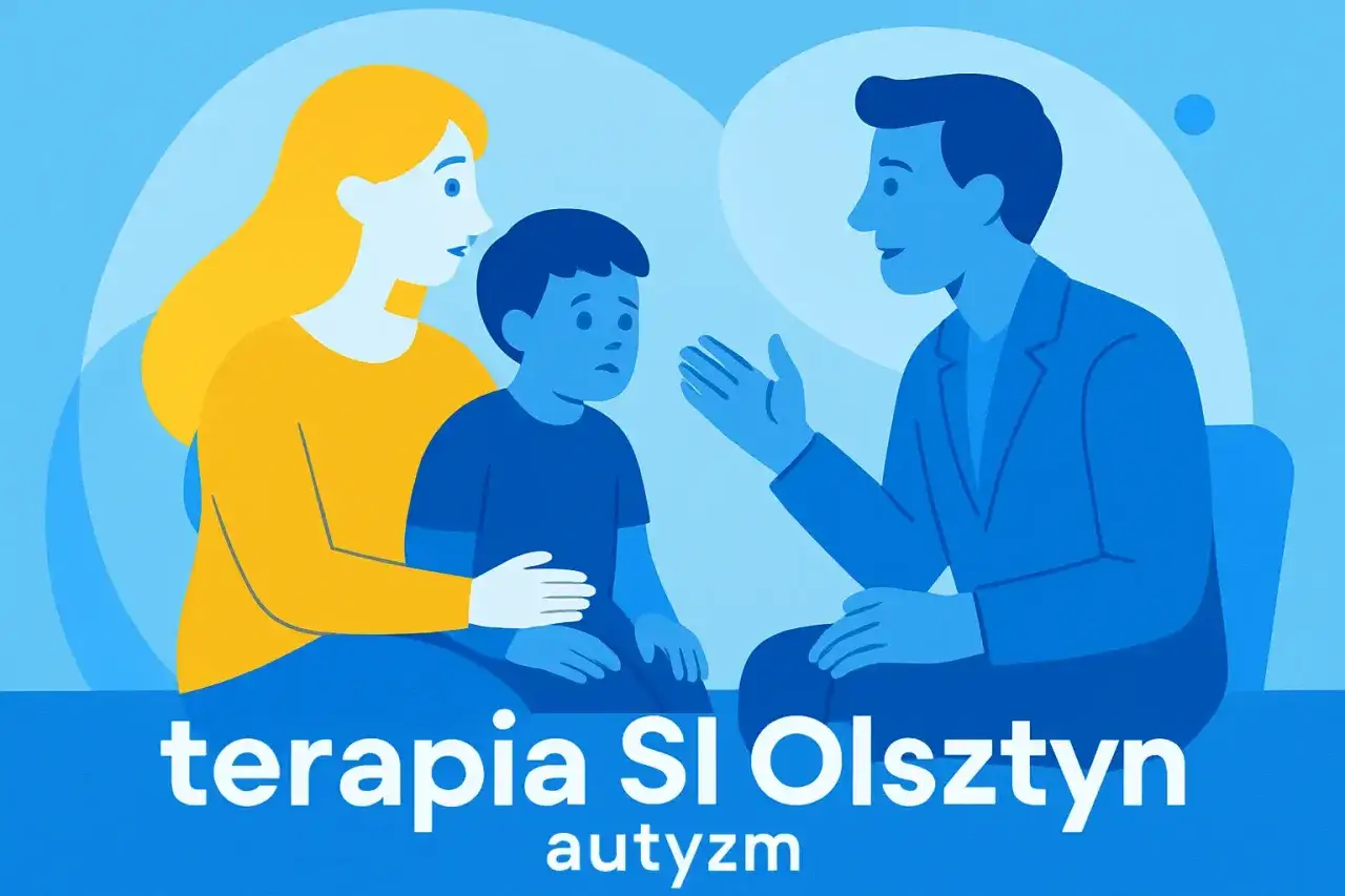Matka wspiera syna z autyzmem podczas terapii. Terapeuta rozmawia z chłopcem, oferując pomoc.
