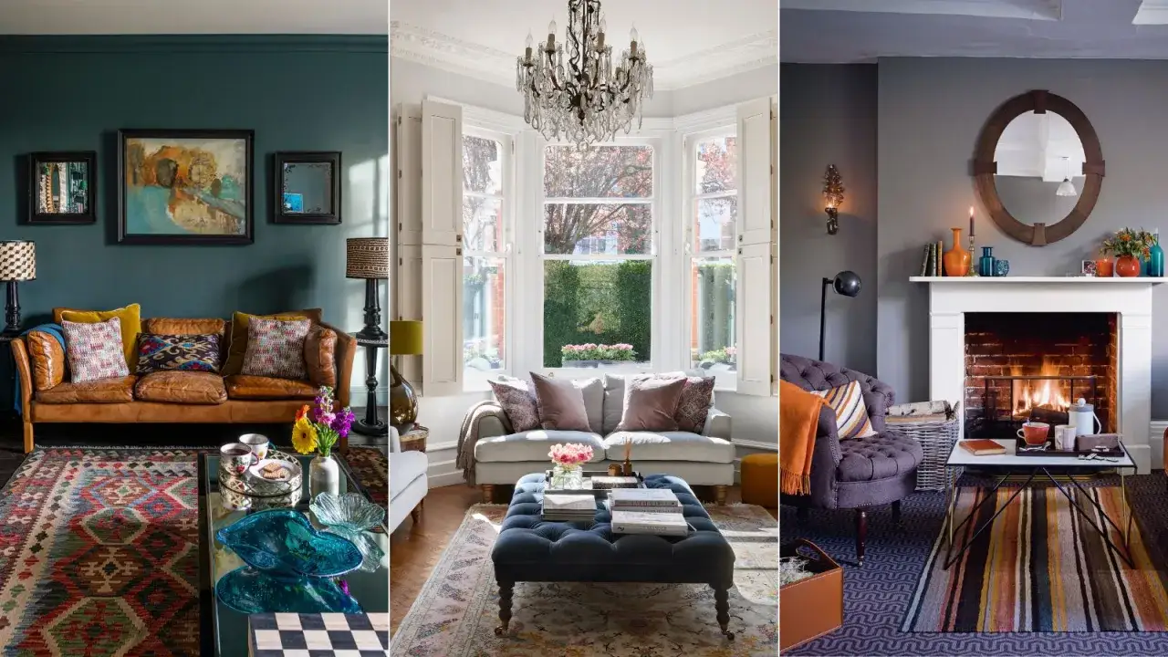 Three living rooms showcasing different styles and best indoor lighting: a dark teal room with a leather sofa, a bright room with a bay window, and a cozy room with a fireplace.
