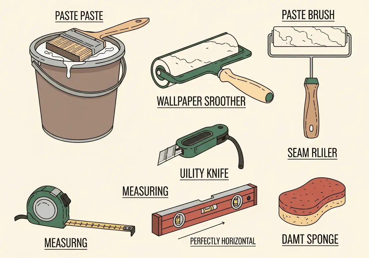 Herramientas para empapelar pared: cubeta con pasta, brocha, rodillo alisador, c&uacute;ter, cinta m&eacute;trica, nivel y esponja.