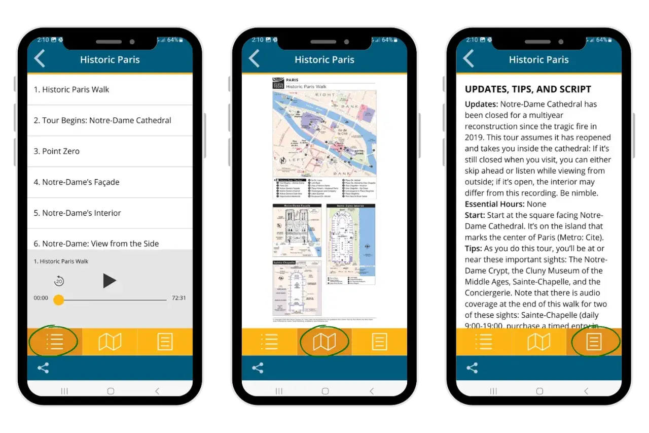 Screenshots of a mobile app showcasing Rick Steves audio tours for Historic Paris. The app displays tour stops, a map, and detailed information.