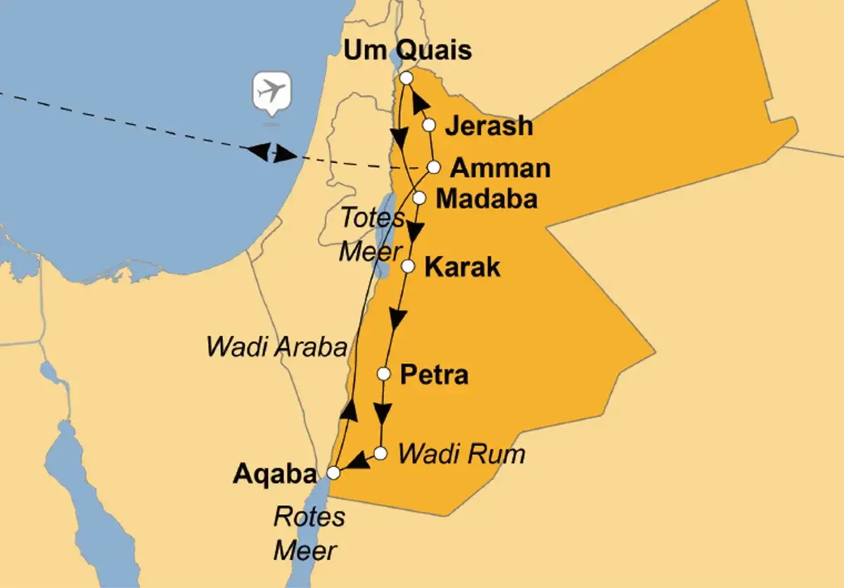 Karte von Jordanien mit Reiseroute von Um Quaiis über Amman und Petra nach Aqaba am Roten Meer.