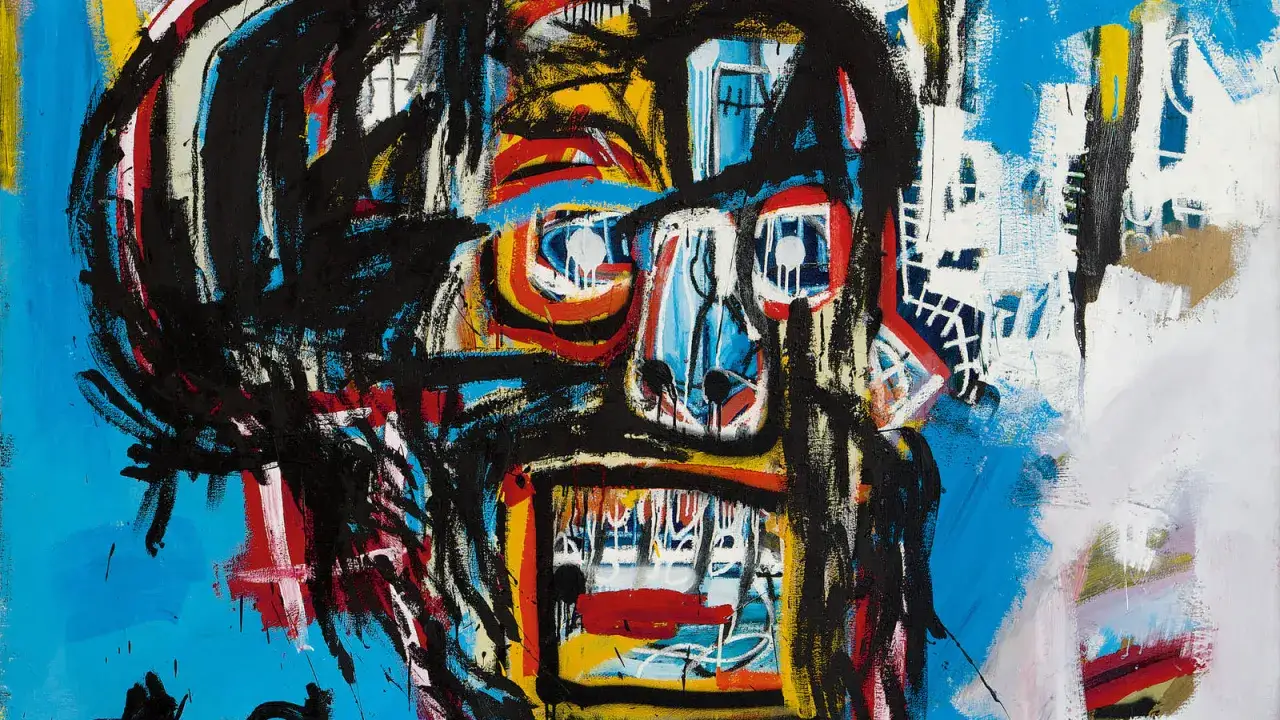 A vibrant, abstract painting features a bold, expressive **Basquiat skull** with striking black outlines, vivid colors, and a raw, energetic style.