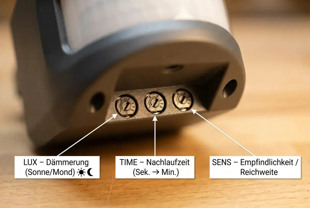 Nahaufnahme der Bedienelemente eines Bewegungsmelders zum Einstellen von LUX, TIME und SENS.