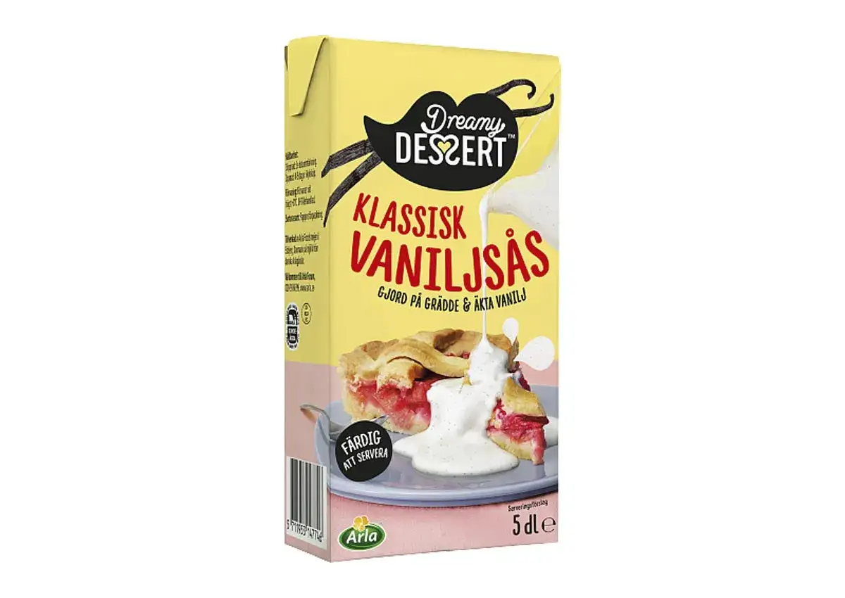 En kartong med klassisk vaniljsås från Dreamy Dessert, perfekt för att förhöja smaken på din paj. Enkel vaniljsås som är färdig att servera.