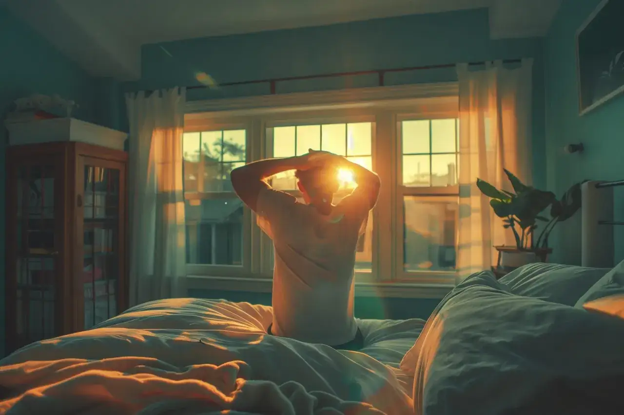 A person stretches in bed, bathed in the golden light of sunrise. This peaceful morning scene embodies the benefits of waking up early, offering a quiet start to the day.