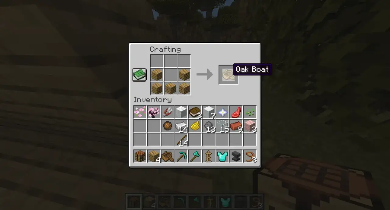 Jak zrobic lodke w mc: 5 desek dębowych w siatce craftingu tworzy ł&oacute;dź dębową.