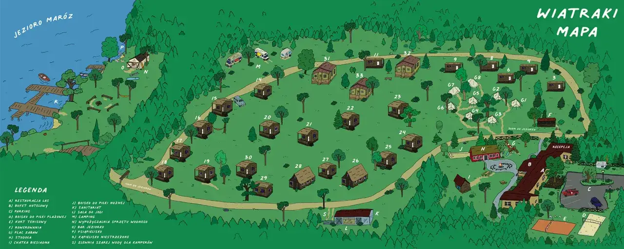 Mapa agroturystyki nad jeziorkiem Maróz. Widać domki, camping, restaurację, recepcję, boisko i plac zabaw.