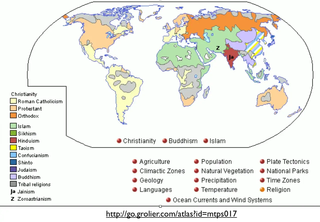 Mapa świata ukazująca rozmieszczenie głównych religii świata. Kolory oznaczają chrześcijaństwo, islam, buddyzm i inne.