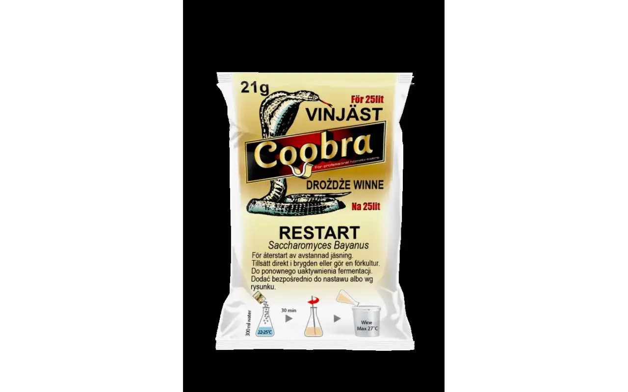 Opakowanie drożdży winnych Coobra Restart. Zawiera 21g produktu do ponownego uaktywnienia fermentacji, idealne gdy zepsute drożdże nie działają.
