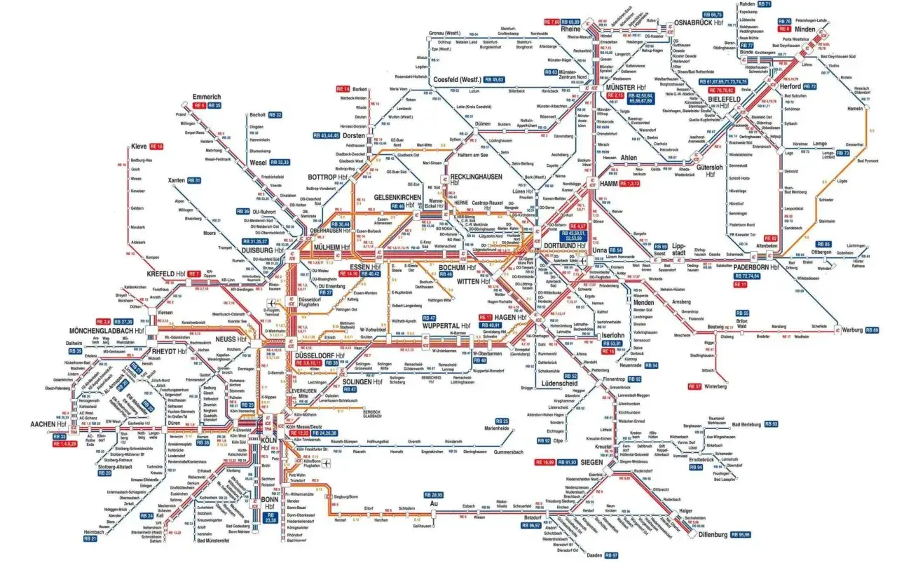 Nahverkehrsnetz f&uuml;r das rrx deutschlandticket: Linien und Bahnh&ouml;fe in Nordrhein-Westfalen.