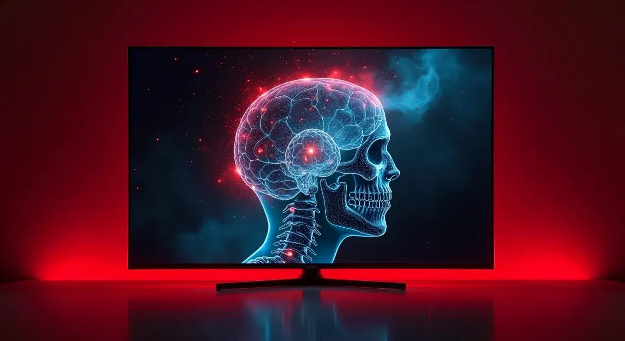 Na ekranie telewizora widoczny jest schematyczny, świecący mózg w czaszce, symbolizujący, co to jest sztuczna inteligencja w telewizorze.