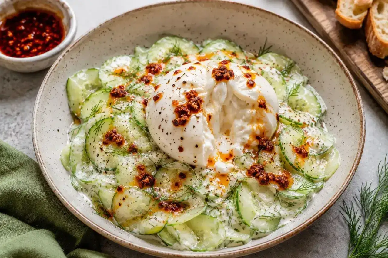 Kremowa burrata na plasterkach ogórka z koperkiem i pikantnym sosem. Pyszna mizeria na słodko z nutą ostrości.