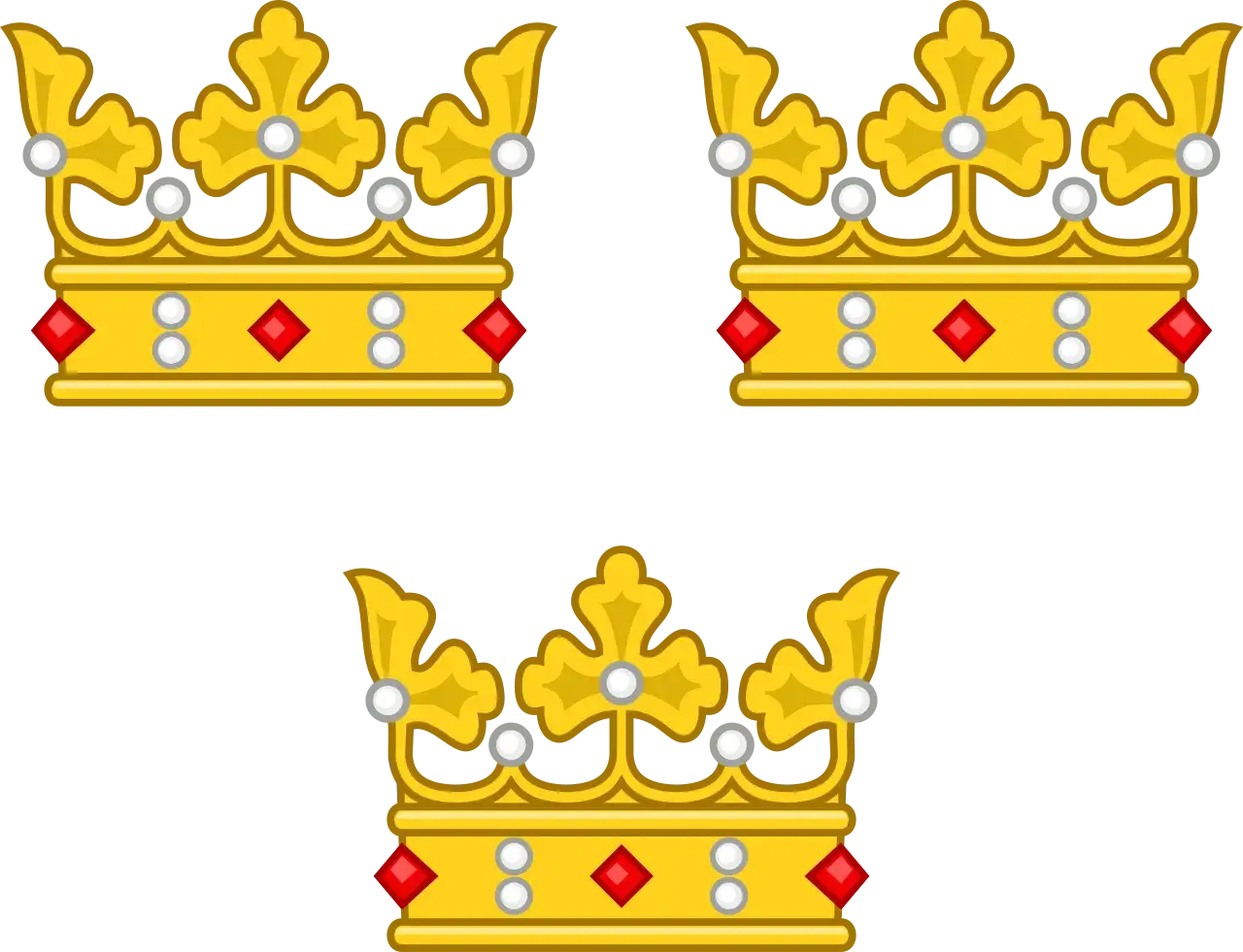 Tre gyllene kronor med r&ouml;da stenar och vita p&auml;rlor. Symbolen f&ouml;r Sverige, tre kronor, representerar kunglig makt.