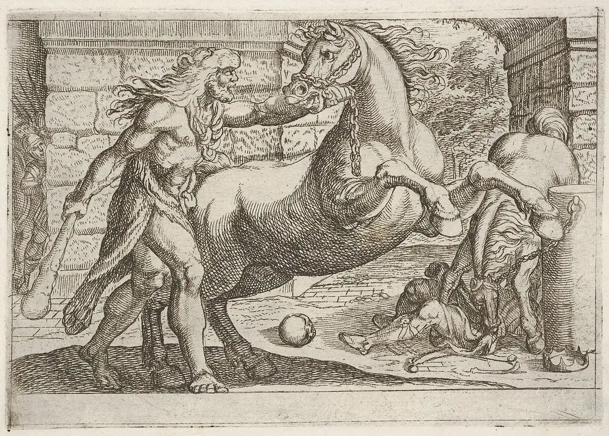 Hercule ma&icirc;trise les juments de Diom&egrave;de, des cr&eacute;atures carnivores. Un homme g&icirc;t au sol, vaincu par ces b&ecirc;tes f&eacute;roces.