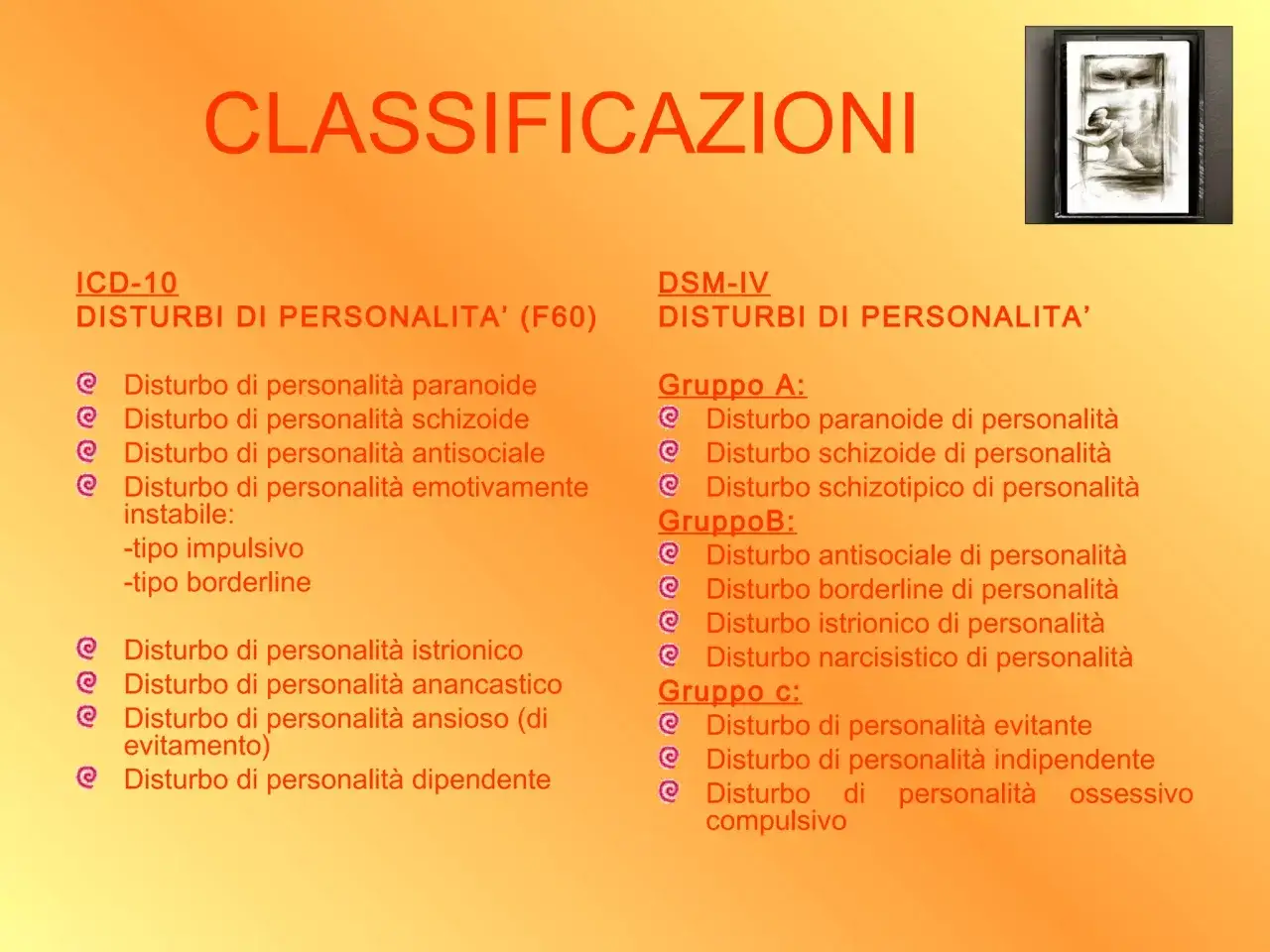 Classificazioni dei disturbi di personalit&agrave; (ICD-10, DSM-IV). Il disturbo istrionico di personalit&agrave; &egrave; elencato, mostrando il suo significato nel contesto psicologico.