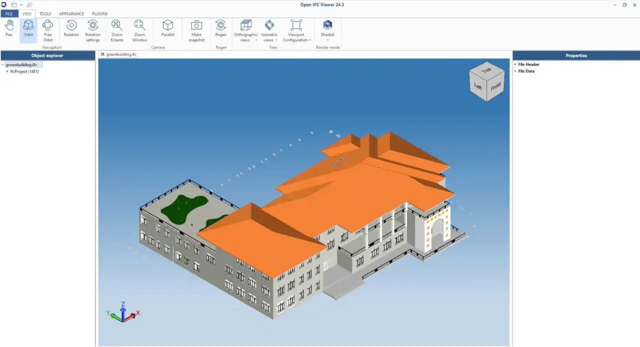 Widok budynku w programie Open IFC Viewer. Widać panel nawigacji, narzędzia do obracania i przybliżania, a także sam model budynku z pomarańczowym dachem.