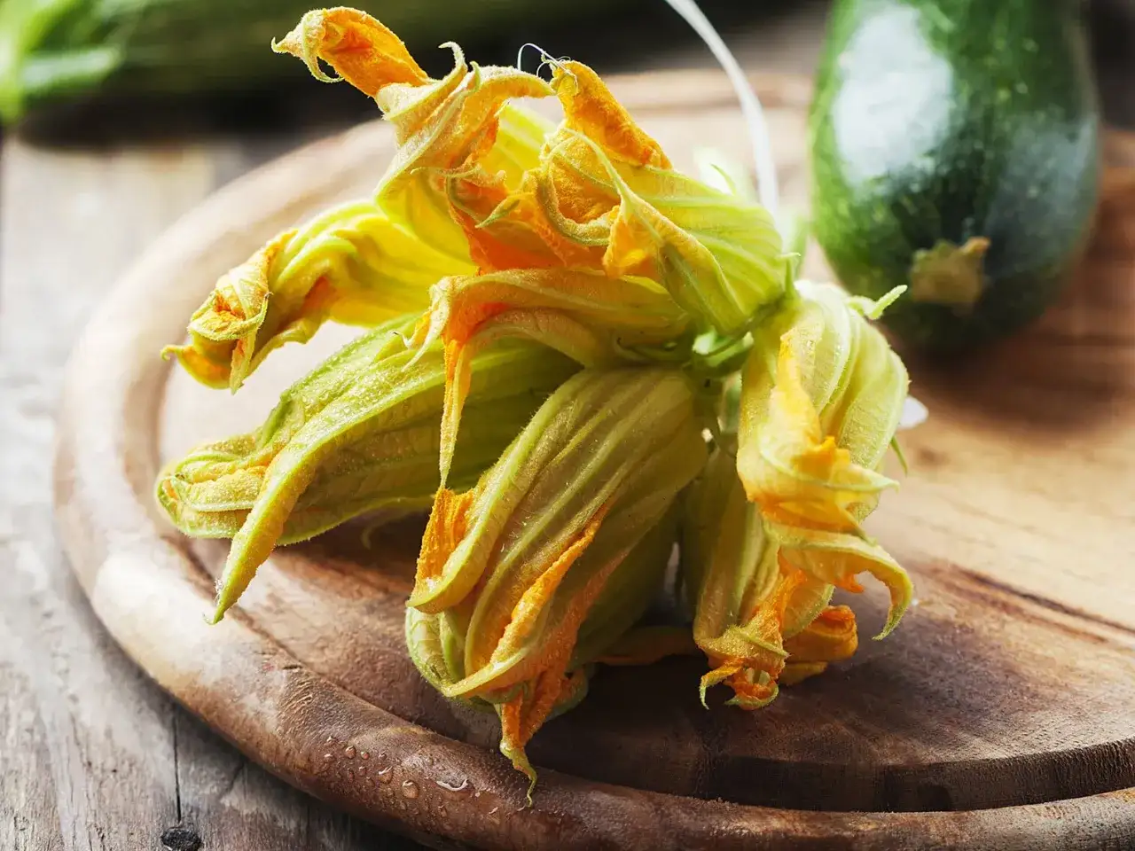 Un bouquet de fleur de courgette, aux p&eacute;tales jaunes et verts, pr&ecirc;t &agrave; &ecirc;tre cuisin&eacute;. Une courgette verte est visible en arri&egrave;re-plan.