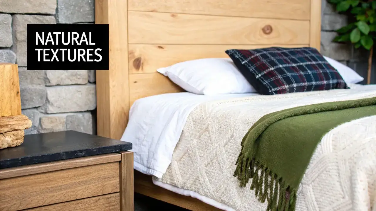 Gem&uuml;tliches Schlafzimmer mit Holzbett, Steinwand und Naturtextilien. Tolle Schlafzimmer Ideen f&uuml;r ein rustikales Ambiente.