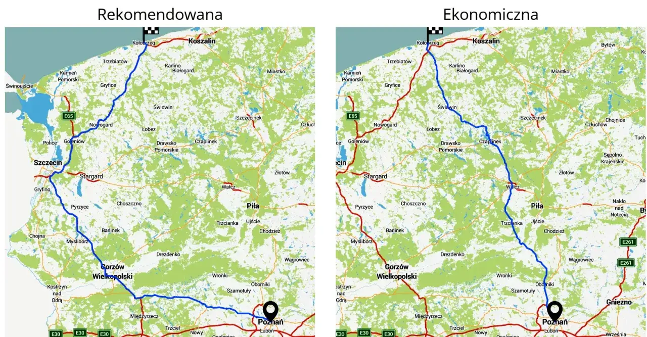 Trasa Poznań - Kołobrzeg przez Wałcz: mapa z dwoma wariantami przejazdu - rekomendowanym i ekonomicznym.
